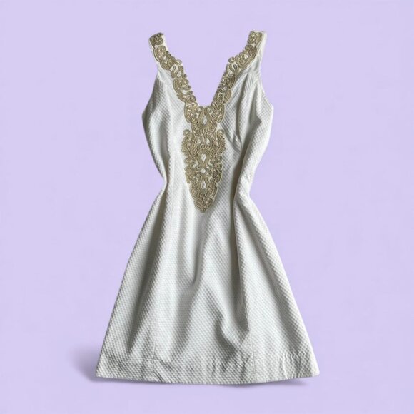 Lilly Pulitzer White Gold Embroidered Cotton Mini Dress Size 8 - Picture 1 of 9